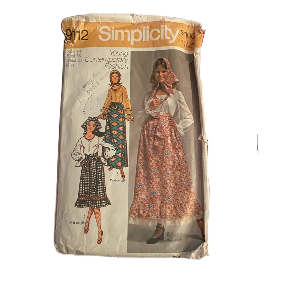 Vtg 70s Simplicity 9112 Pattern Sz 14 Boho Hippy Midi Maxi Skirt Blouse Scarf